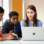**

*   **Concept:** A diverse group of teenagers in a modern, brightly lit career counseling center.
*   **Details:** Focus on the interaction: A counselor actively listening with an empathetic expression to a young person. Include a laptop displaying career options, and subtle elements representing youth challenges like social media and job market uncertainty. Aim for a warm, supportive atmosphere.

**