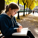 **A thoughtful teenager sitting on a park bench, sketching in a notebook. Sunlight filters through the trees. Focus on capturing a sense of introspection and the vibrant urban backdrop of Paris.**