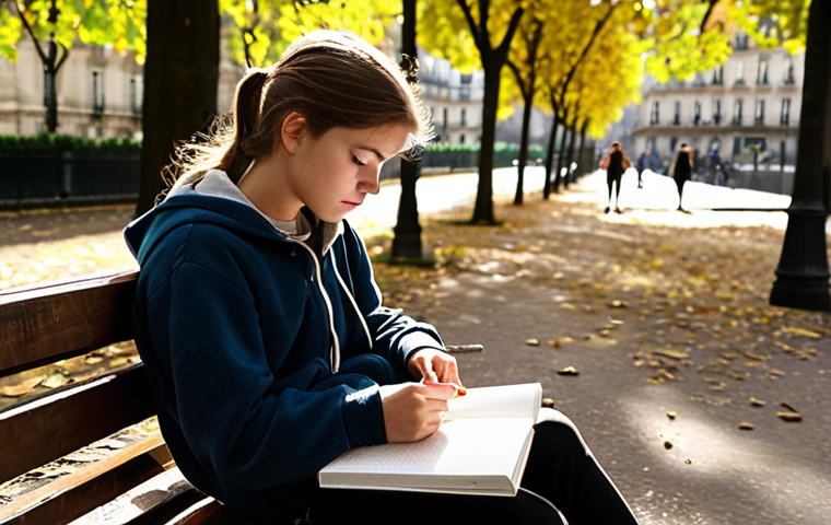 **A thoughtful teenager sitting on a park bench, sketching in a notebook. Sunlight filters through the trees. Focus on capturing a sense of introspection and the vibrant urban backdrop of Paris.**