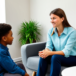 A professional female youth counselor, fully clothed in a modest business casual outfit, sits attentively with a diverse male adolescent, also fully clothed in appropriate casual wear, in a bright, modern, and welcoming counseling office. The counselor shows empathetic understanding as the adolescent calmly expresses himself. The setting features soft natural light, comfortable contemporary furniture, and subtle plants, creating a safe and supportive atmosphere. The image captures a moment of genuine connection and trust. Perfect anatomy, correct proportions, natural pose, well-formed hands, proper finger count, natural body proportions, professional photography, high quality, safe for work, appropriate content, family-friendly.