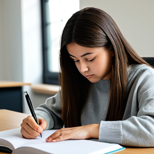Home 22 A focused young student, fully clothed in modest, professional casual attire like a simple sweater and dark trousers, sitting comfortably at a clean, modern study desk. The student is looking thoughtfully at an open textbook, with a notepad and pen nearby. The room is well-lit with soft, natural light, creating a calm and conducive learning environment. The image emphasizes concentration and academic engagement, conveying a sense of quiet determination. Perfect anatomy, correct proportions, natural pose, well-formed hands, proper finger count. Safe for work, appropriate content, fully clothed, family-friendly, professional photography, high quality, realistic.