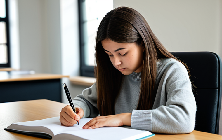 A focused young student, fully clothed in modest, professional casual attire like a simple sweater and dark trousers, sitting comfortably at a clean, modern study desk. The student is looking thoughtfully at an open textbook, with a notepad and pen nearby. The room is well-lit with soft, natural light, creating a calm and conducive learning environment. The image emphasizes concentration and academic engagement, conveying a sense of quiet determination. Perfect anatomy, correct proportions, natural pose, well-formed hands, proper finger count. Safe for work, appropriate content, fully clothed, family-friendly, professional photography, high quality, realistic.
