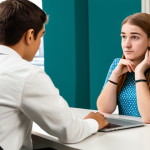 A compassionate female youth counselor, in her 30s, wearing a modest business casual outfit, actively listening to a thoughtful teenage boy, about 15 years old, in a modern, well-lit counseling office. The counselor has a kind and understanding expression, and the teenager appears comfortable, engaged in reflection. A closed laptop is subtly placed on a nearby table, indicating a contemporary setting. The scene conveys empathy and professional support. perfect anatomy, correct proportions, natural pose, well-formed hands, proper finger count, natural body proportions, fully clothed, modest clothing, appropriate attire, professional dress, safe for work, appropriate content, family-friendly, high-resolution, professional photography.