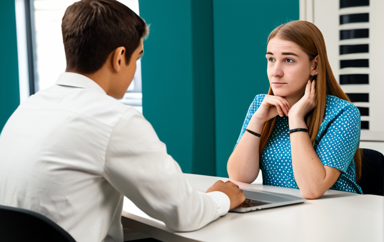A compassionate female youth counselor, in her 30s, wearing a modest business casual outfit, actively listening to a thoughtful teenage boy, about 15 years old, in a modern, well-lit counseling office. The counselor has a kind and understanding expression, and the teenager appears comfortable, engaged in reflection. A closed laptop is subtly placed on a nearby table, indicating a contemporary setting. The scene conveys empathy and professional support. perfect anatomy, correct proportions, natural pose, well-formed hands, proper finger count, natural body proportions, fully clothed, modest clothing, appropriate attire, professional dress, safe for work, appropriate content, family-friendly, high-resolution, professional photography.