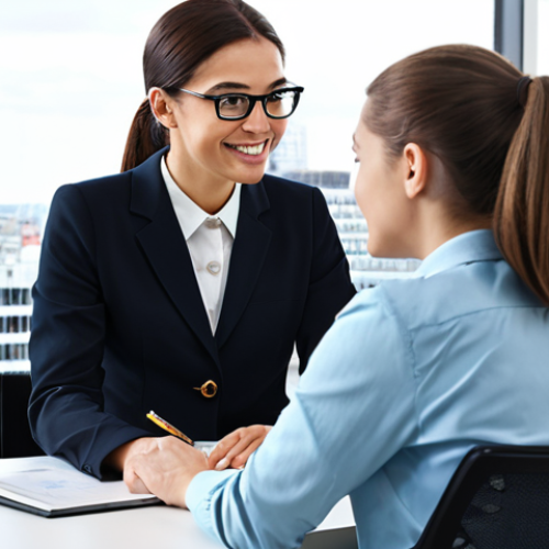Home 20 Career Coach in a Modern Office**
"A professional career coach, fully clothed in a stylish and modest business outfit, is having a supportive conversation with a young adult in a bright, modern office setting. The background includes bookshelves with career development resources and a large window overlooking a bustling city. Safe for work, appropriate content, professional, perfect anatomy, correct proportions, well-formed hands, natural pose, high quality."
**