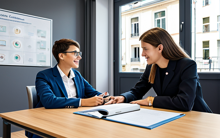 Modern Career Guidance**
"A professional career counselor in France, assisting a young student with career exploration using a digital platform, modern office setting, fully clothed, appropriate attire, safe for work, perfect anatomy, natural proportions, professional, high quality, family-friendly."
**