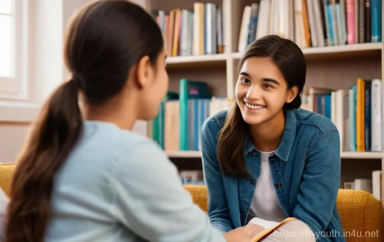 청소년상담사 실기시험 채점 기준 - **Prompt:** A warm, inviting indoor scene where a kind and attentive female mentor, aged in her late...