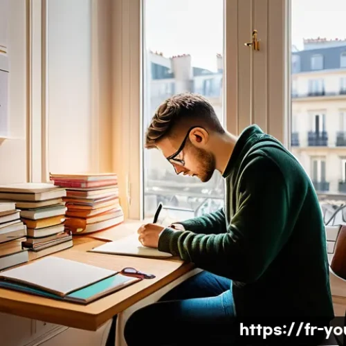 Home 30 청소년상담사 시험 과목별 전략과 요령 - A focused young adult studying at a tidy desk in a bright, modern Parisian apartment, surrounded by ...