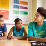 Home 17 청소년상담사 전문성 강화 방안 - A professional youth counselor attentively listening to a diverse group of teenagers in a bright, mo...