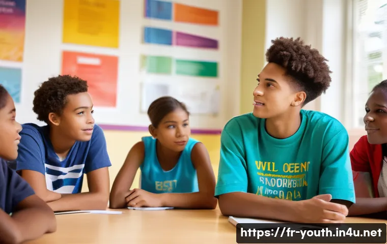 청소년상담사 전문성 강화 방안 - A professional youth counselor attentively listening to a diverse group of teenagers in a bright, mo...