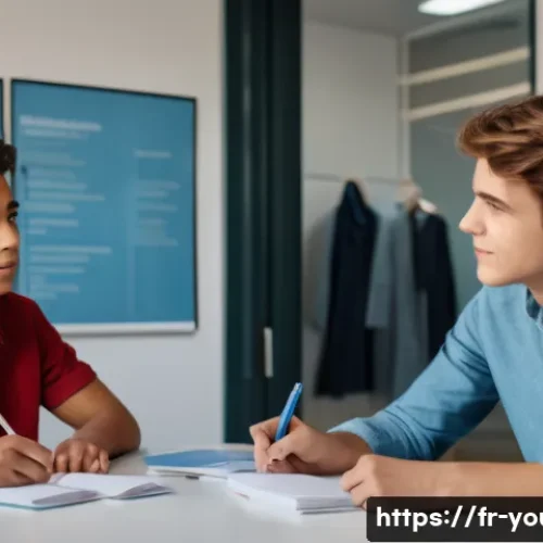 Home 28 청소년상담사 자격증 취득 후 심화 교육 - A professional counseling session scene in a modern French office, showing a diverse teenage boy wea...