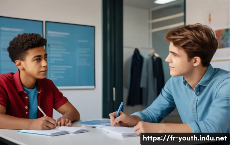 청소년상담사 자격증 취득 후 심화 교육 - A professional counseling session scene in a modern French office, showing a diverse teenage boy wea...