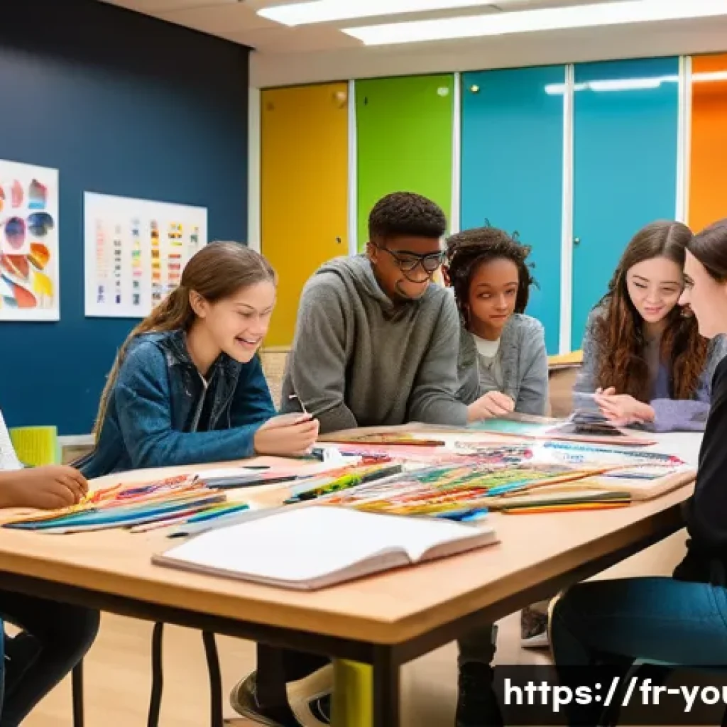 청소년상담사 커뮤니티에서 배우는 것 - A warm, collaborative workshop scene set in a modern community center in France, where diverse adole...