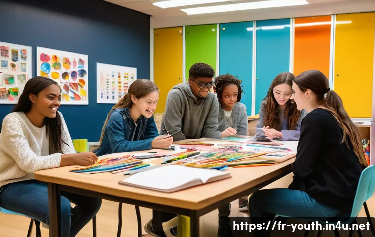 청소년상담사 커뮤니티에서 배우는 것 - A warm, collaborative workshop scene set in a modern community center in France, where diverse adole...