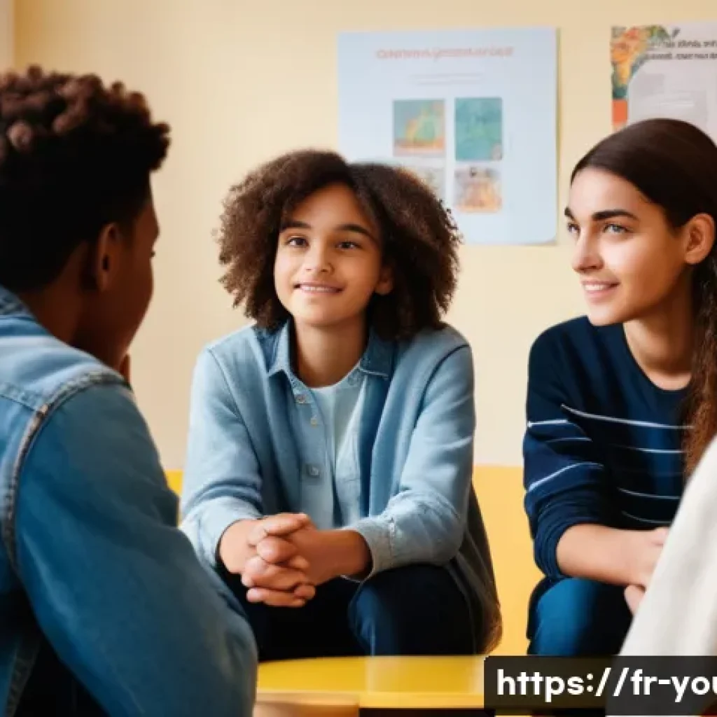 청소년상담사 실습 중 발생할 수 있는 문제 - A compassionate counselor attentively listening to a diverse group of French adolescents in a cozy, ...