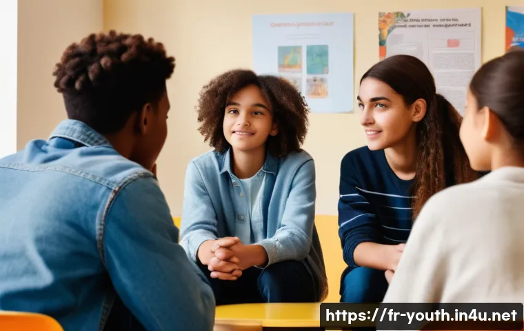 청소년상담사 실습 중 발생할 수 있는 문제 - A compassionate counselor attentively listening to a diverse group of French adolescents in a cozy, ...