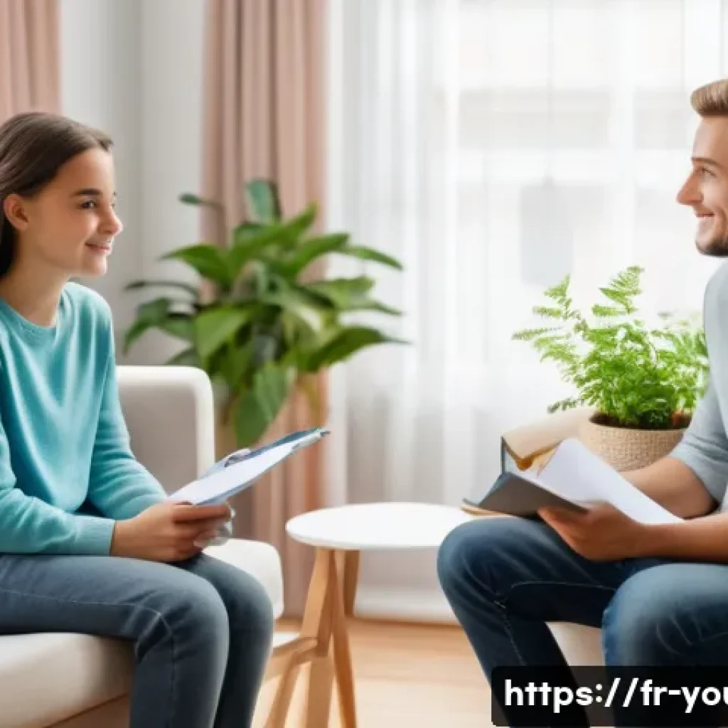 청소년상담사와 코칭의 차이점 - A calm and warm counseling room scene showing a teenage boy sitting comfortably on a cozy armchair, ...