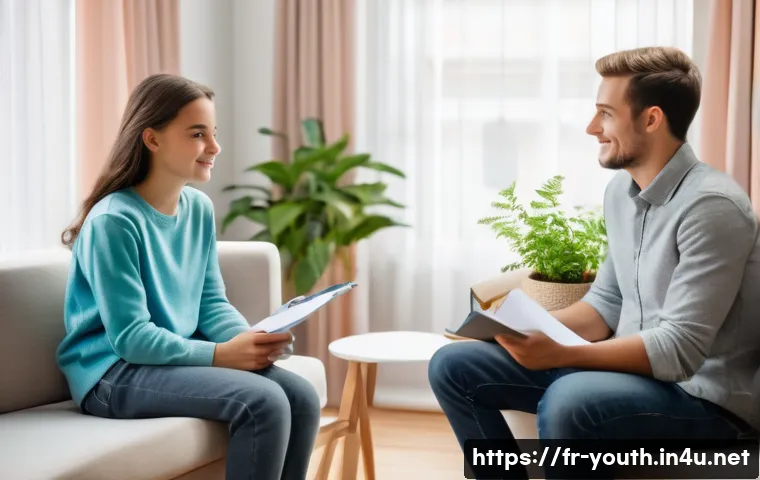 청소년상담사와 코칭의 차이점 - A calm and warm counseling room scene showing a teenage boy sitting comfortably on a cozy armchair, ...