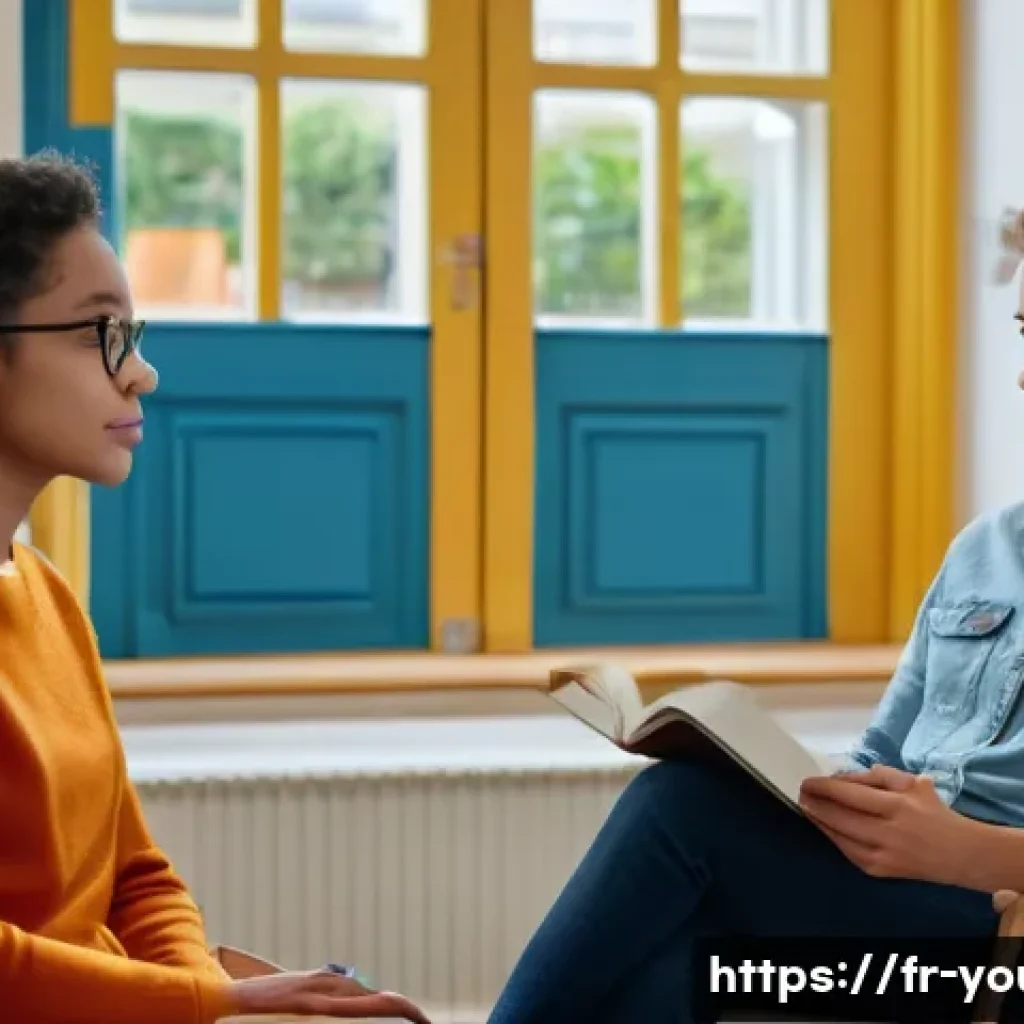 청소년상담사 현장에서 발생하는 윤리적 문제 - A compassionate counselor’s office scene with a diverse teenage adolescent sitting comfortably on a ...