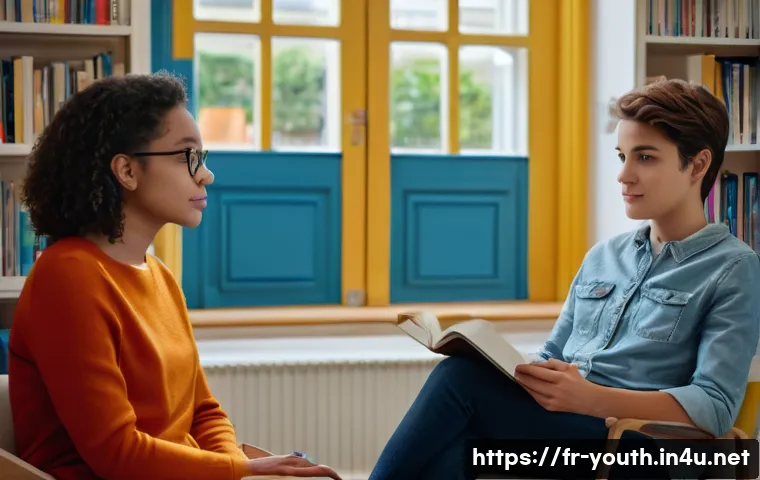 청소년상담사 현장에서 발생하는 윤리적 문제 - A compassionate counselor’s office scene with a diverse teenage adolescent sitting comfortably on a ...