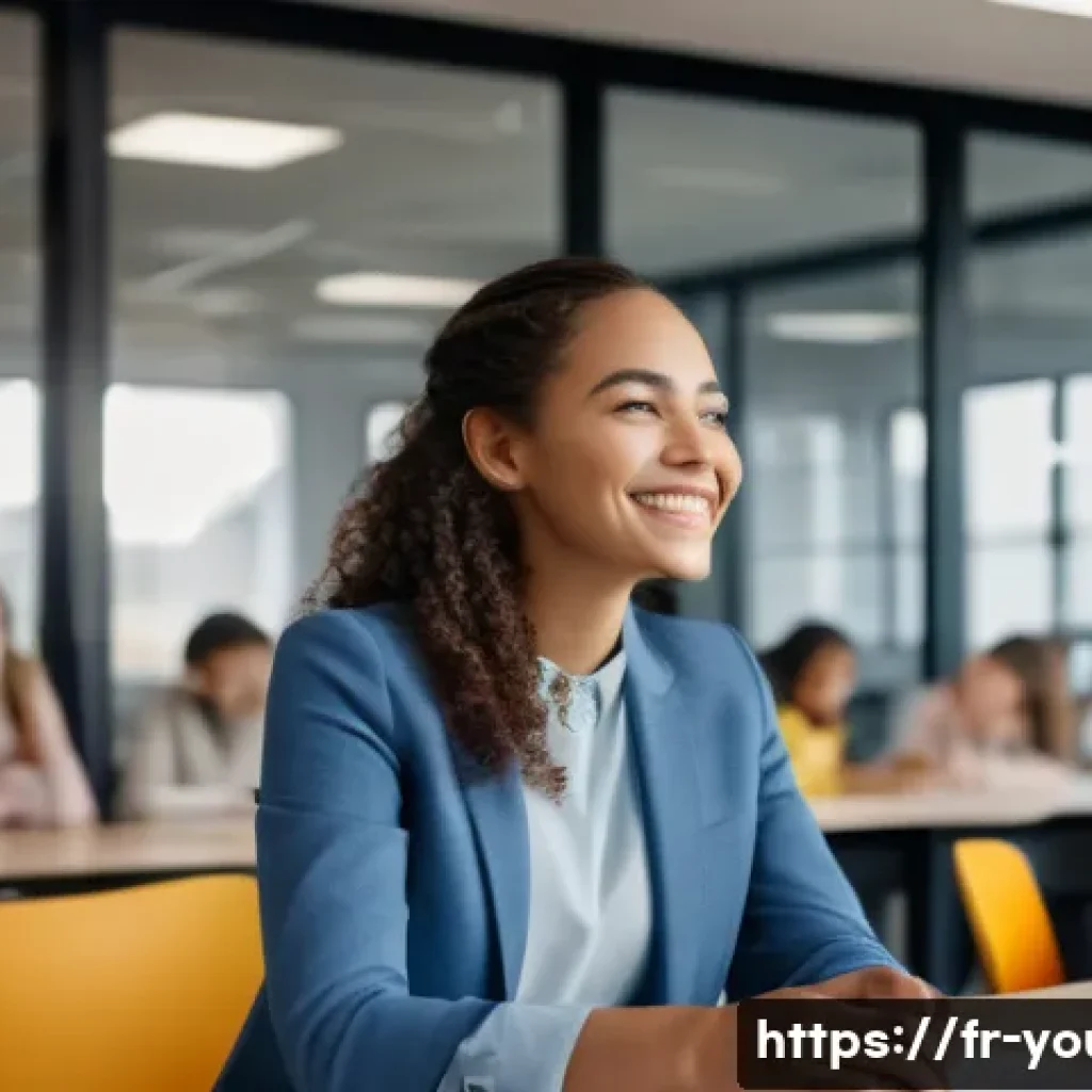 청소년상담사 취업 시 필요한 이력서 작성법 - A professional young adult woman sitting at a neat desk in a modern, bright office environment, wear...