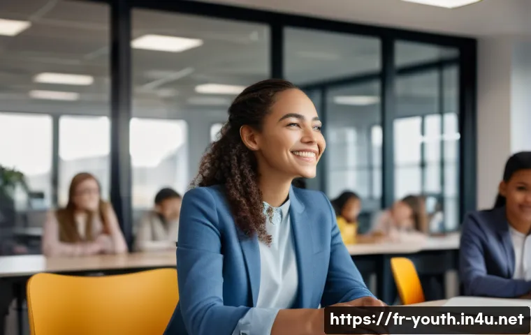 청소년상담사 취업 시 필요한 이력서 작성법 - A professional young adult woman sitting at a neat desk in a modern, bright office environment, wear...