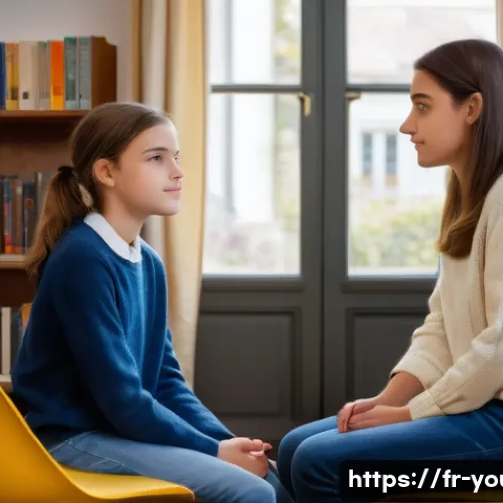 청소년상담사로서 성장하는 법 - A warm, inviting counseling room in a French school setting, showing a compassionate adult advisor a...