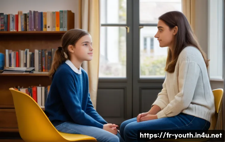 청소년상담사로서 성장하는 법 - A warm, inviting counseling room in a French school setting, showing a compassionate adult advisor a...