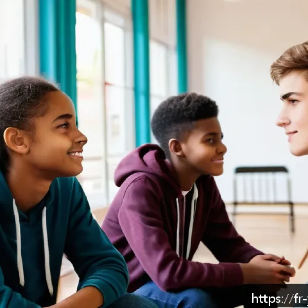 청소년상담사 자격증 소지자의 성장 스토리 - A warm and inviting community youth center scene in France, showing a diverse group of teenagers and...