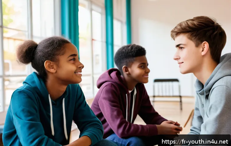 청소년상담사 자격증 소지자의 성장 스토리 - A warm and inviting community youth center scene in France, showing a diverse group of teenagers and...