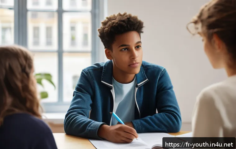 청소년상담사 실무와 필기시험의 차이 - A professional adolescent counselor in a modern French urban office, attentively listening with acti...