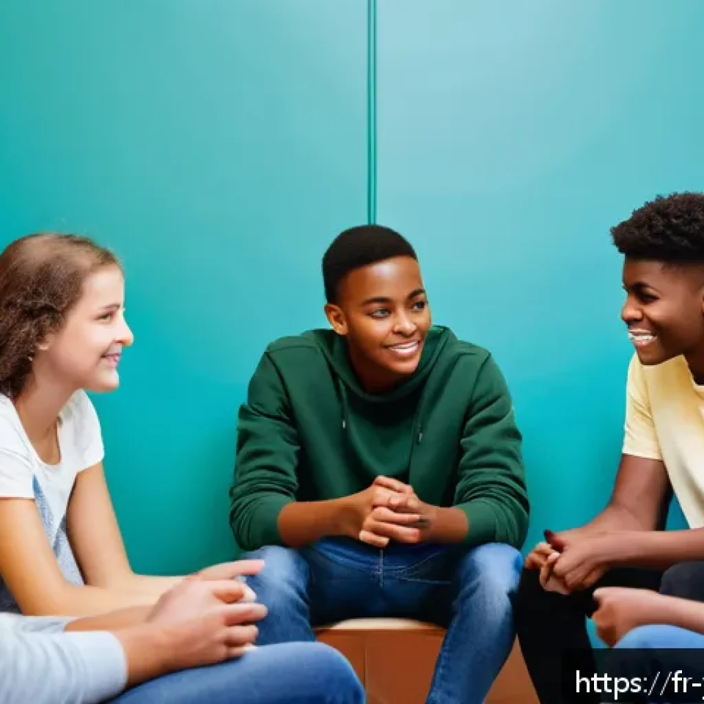 청소년상담사에게 필요한 기술과 역량 - A diverse group of teenagers sitting in a cozy, well-lit community center room, engaged in a support...