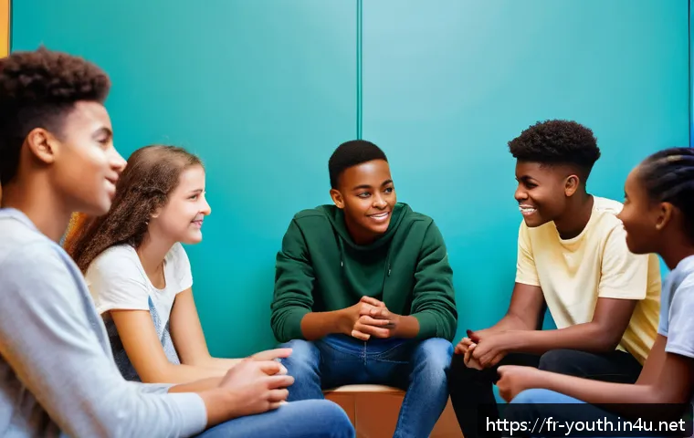 청소년상담사에게 필요한 기술과 역량 - A diverse group of teenagers sitting in a cozy, well-lit community center room, engaged in a support...