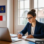 청소년상담사 시험의 고득점 비법 공개 - A professional young adult studying in a modern French-style home office, surrounded by textbooks, a...