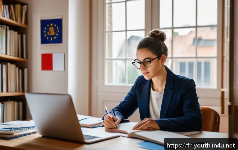 청소년상담사 시험의 고득점 비법 공개 - A professional young adult studying in a modern French-style home office, surrounded by textbooks, a...