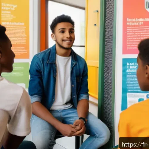 청소년상담사 자격증 취득 과정 - A professional youth counselor in a modern community center, engaging warmly with a diverse group of...