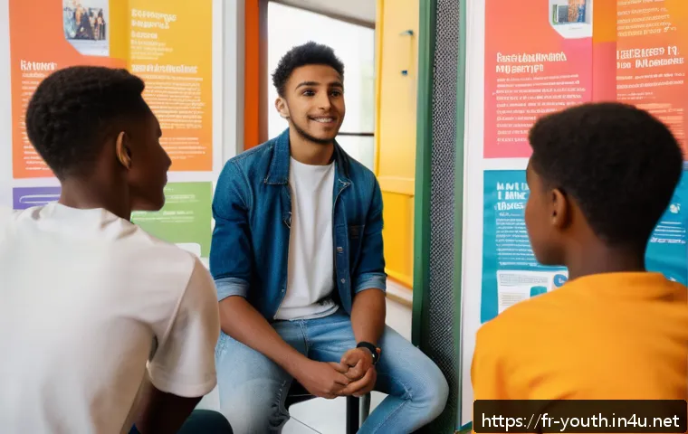 청소년상담사 자격증 취득 과정 - A professional youth counselor in a modern community center, engaging warmly with a diverse group of...