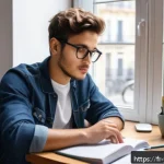 청소년상담사 시험 준비 자료와 참고 도서 - A focused young adult student sitting at a cozy, well-lit desk in a modern Parisian apartment, surro...