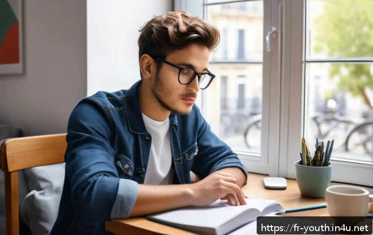 청소년상담사 시험 준비 자료와 참고 도서 - A focused young adult student sitting at a cozy, well-lit desk in a modern Parisian apartment, surro...