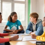 청소년상담사 자격증 취득 후의 삶 - A warm, professional adolescent counselor sitting in a bright, welcoming school counseling office, e...